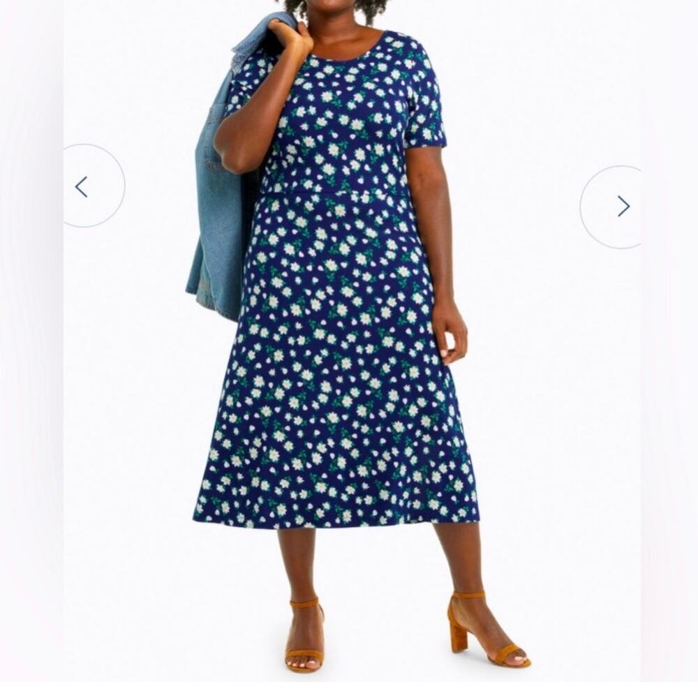 Draper James Floral Knit A-Line Midi Dress Women's Small Navy White